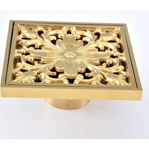 Luxury Polished Gold Color Brass Carved Flower Pattern Bathroom Shower Drain 4" Square Floor Drain Waste Grates ahr085