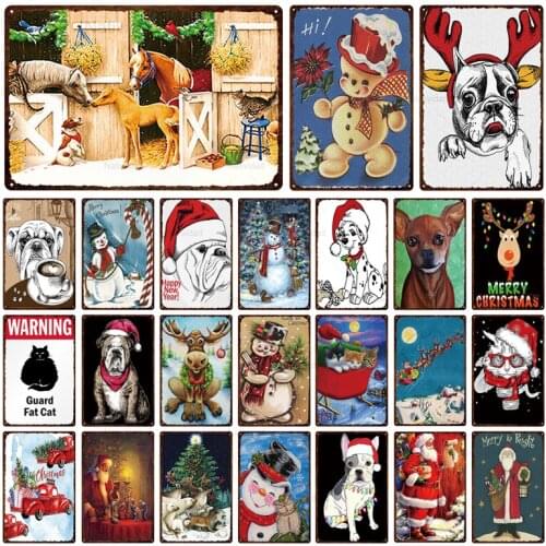 Retro Christmas Metal Sign Santa Claus Animals Cat Dog Snow Scene Tin Signs Home Decor Bar Club Party Plaques Christmas 3Ch-4