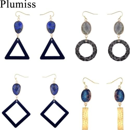 Natural Stone Undefined Dangle Earrings Oval Labradorite Lapis Lazuli 2Layers Unusual Earrings Jewelry for Women Fashion Gift