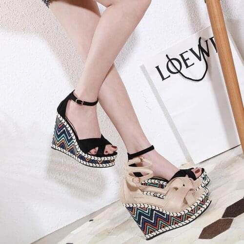 12cm High Heels Platform Wedges Shoes Black High Heels With Cross Straps Ladies Platform Shoes Gladiator Sandals Chunky Heels