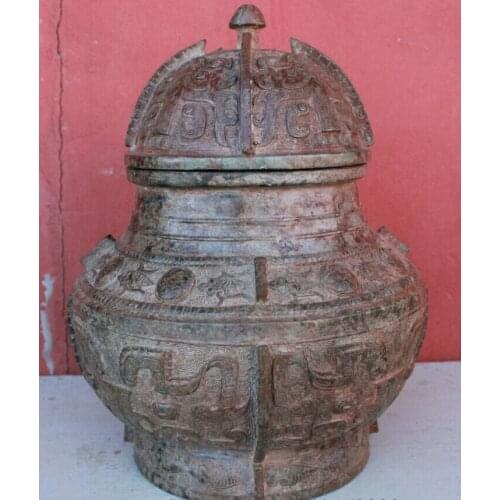 USPS to USA S1781 12" Old Chinese Classic Bronze Dynasty Palace Folk Culture Statue Tank Jar Pot
