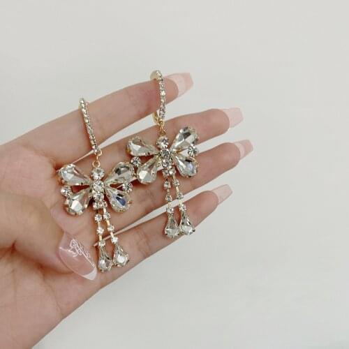 Korea Full Rhinestone Bowknot Drop Earrings for Women Water Drop Crystal Bow Tie Dangle Earrings Fairy Wedding Jewelry