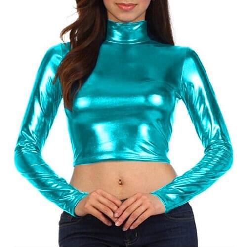 Women Long-Sleeved T-Shirt Turtleneck PU Leather T-shirt Women PU Leather PVC Leather Tops Shiny Metallic Sexy Dancing Costume