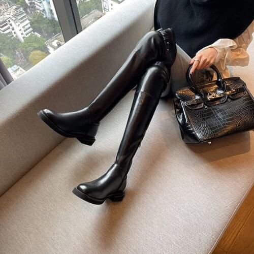 QZYERAI New Women Over-the-Knee Genuine Leather Modern Boots Slip-On Solid Female Boots Comfort Elegant Outdoor Ladies Office