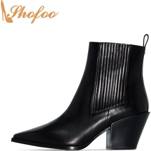 Black Ankle Boots High Chunky Heels Pointed Toe Woman Elastic Large Size 13 16 Ladies Winter Fashion Mature Booties Shoes Shofoo