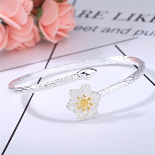 Sole Memory Creative Lotus Cute Fresh Sweet Art 925 Sterling Silver Female Resizable Bangles SBR164