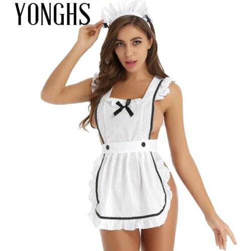 Womens Erotic Maid Ruffle Retro Apron Kitchen Cooking Cleaning Fancy Dress Cosplay Costume with Hair Hoop and G-string Briefs