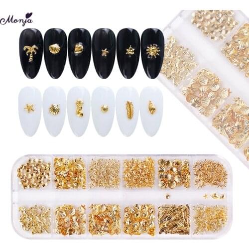 Monja Seashell Starfish Gold Nail Art Decoration Mixed Shaped Metal Hollow Rivets Shiny Sequins Rhinestone Manicure Accessories