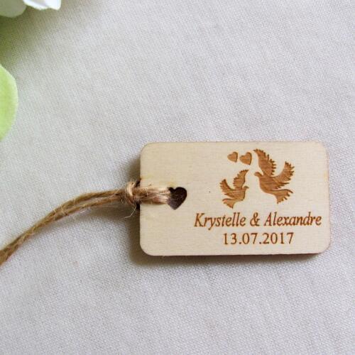 50pcs Personalized Engraved Dove Name and Date Wedding Tags Rectangle Wooden Hang Tags Rustic Wedding Bridal Shower Favors Tags