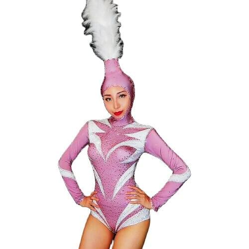 Glistening Rhinestone Women Long Sleeve Bodysuits Nightclub Birthday Prom Pole Dancing Costumes DJ Singer Performance Stage Wear
