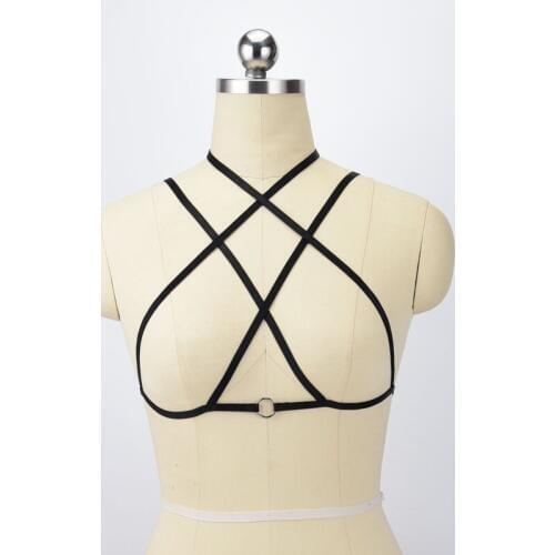 Polyester Harness Bra Women Rave Wear Cage Bra 90s Pole Dance Costumes Erotic Lingerie Bodysuit Crop Top Bondage Harness O0541