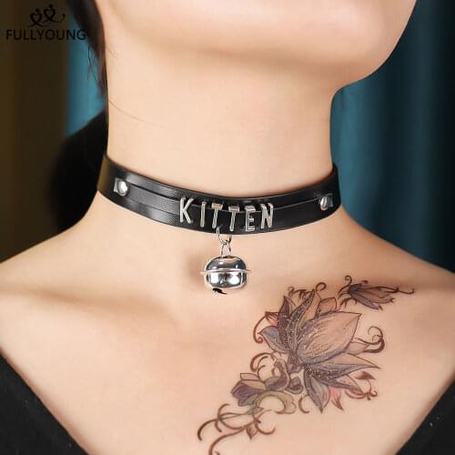 Fullyoung Black PU Leather Choker Collar Necklace Small Bell Choker Necklace Punk Style Women Girls Party Jewelry Fashion Sexy