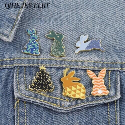 Rabbit Enamel Pin Bunny Badges Green Orange Stripe Dot Black Cat Tree Brooches Animal Easter Jewelry Wholesale Dropshipping
