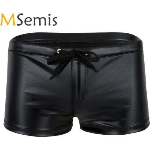 Fetish Swimwear Men Swimsuit Lingerie Shiny Underwear Patent Leather Lounge Underwear Boxer Shorts Bain Male Swimmming Truck