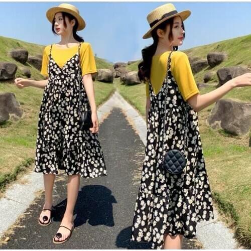 8808# T shirt + Dress chiffon Maternity Floral Dress Loose Stylish Short Sleeves T-shirt Dress for Pregnant Women Mom Dress