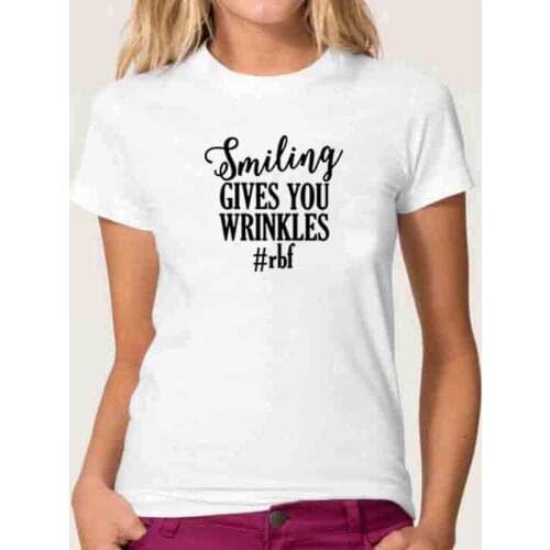 Smiling Gives You Wrinkles Print Summer T-shirt Women O-neck Cotton Short Sleeve Funny Tshirt Women Top Loose T-shirt Femme