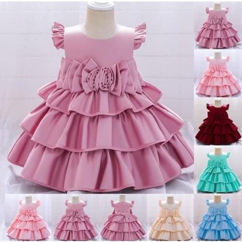 Summer Solid Ceremony Baptism Dress First Birthday For Baby Girl Clothing Floral Princess Dresses Party Cake Dress