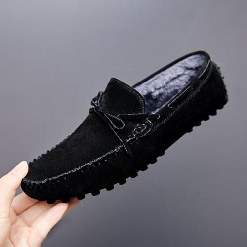 Penny Loafers Men Moccasins Winter Shoes Casual Suede Leather Driving Shoes Mens Black Plush Slip on Shoes Moccasins for Man