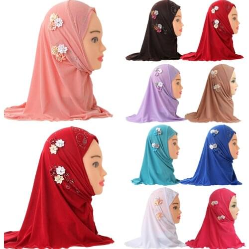 New Muslim Girls Kids Hijab Islamic Scarf Shawls Headscarf with 6 Beautiful Flowers Diamond for 1 to 5 years old Girls Wholesale