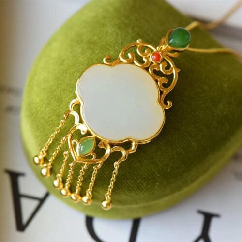 New silver inlaid natural Hetian jade antique Pendant Necklace Chinese style retro gilded tassel light luxury charm lady jewelry