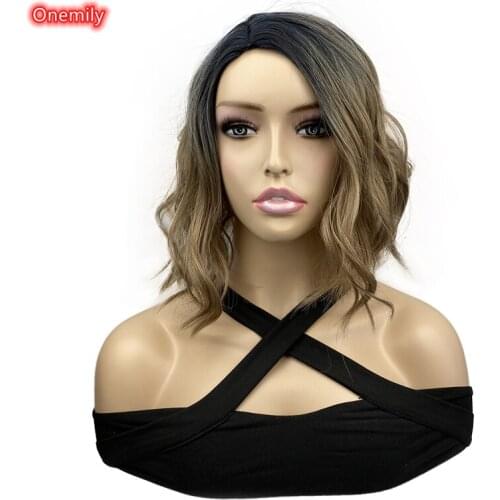 Onemily Ombre Ash Brown Short Wavy Daily Wig Heat Resistant Natural Looking Wig for Women