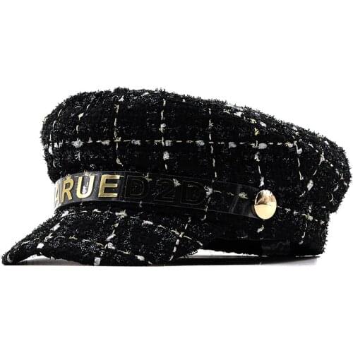 Utumn Winter Chain Black Wool Military Berets for Women Female Flat Army Cap Salior Hat Girl Travel Berets Ladies Painters Cap