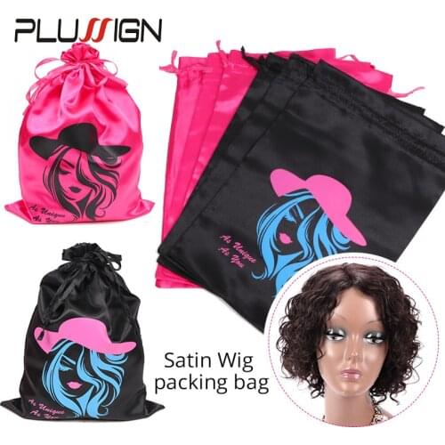 Plussign New Black Satin Package Bag For Hair Bundles Wig Bags 25*35Cm Drawstring Tassel Gift Travel Bag Customized 1-3Pcs/Lot