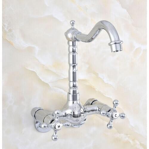 3-3/8" Polished Chrome Basin Faucets Bathroom Kitchen Faucet Swivel Wall Mounted Dual Handle Hot Cold Mixer Taps Nqg208