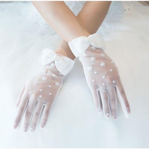 Simple Short Spring Summer Mesh Thin Section Gloves Artificial Pearl Bow New Wedding Dress Bride Glove