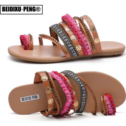 Slip on Rhinestone Strappy Sandalias For Women Womens Bohemian Sandals Summer Flats Female Casual Peep Toe Shoes