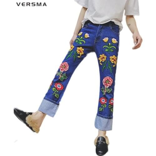 VERSMA Latest Design Black Skinny Embroidery Flowers Jeans Pants Men Hip Hop Mens Denim Vintage Flare Jeans Pants Brand Clothes