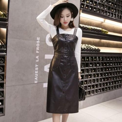 Spring/autumn women dresses slim pu dresses korean style women clothing sweet girl dress college students suspenders dresses
