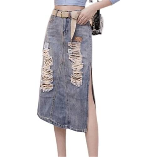 New Summer Autumn Womens Skirts High Waist Female Denim Skirts Splitted Jeans Mujer Hollow Out Tassel Lady Clothes A-Line Skirt