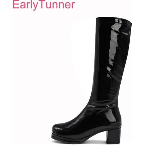 Winter New Glossy Black Purple Women Mid Calf Platform Boots 2 inch Heels Lady Nude Shoes Plus Small Big Size 10 30 43 48