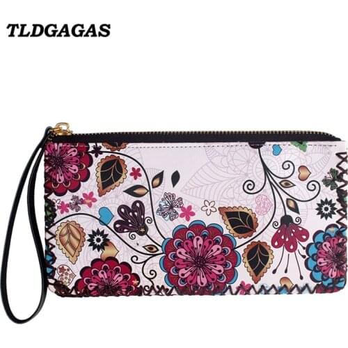 TLDGAGAS Chinese Style Flower Printing Women Long Wallet Ladies Thin Wrist Band Clutch Bag Phone Package Card Coin Purse