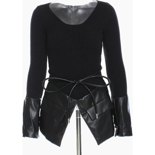 Women Pullover Sweaters Hollow Out Spring Autumn Stretch Leather Patchwork Lace Up Knitwear Jumpers