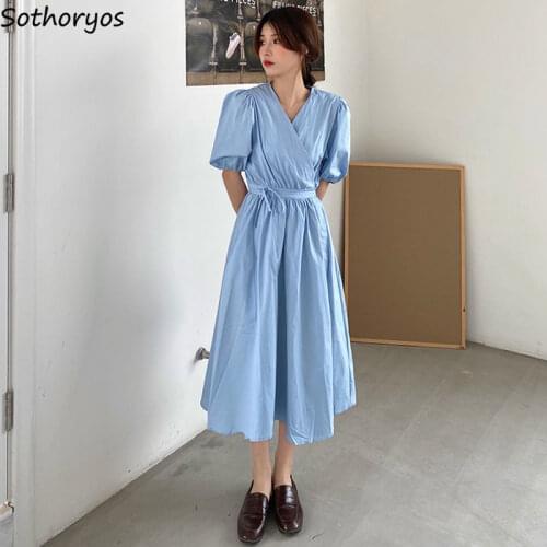 Short Lantern Sleeve Dress Women V-neck Mid-calf Solid A-line Dresses Female Temperament Korean Style Teens Cute Fashion Elegant
