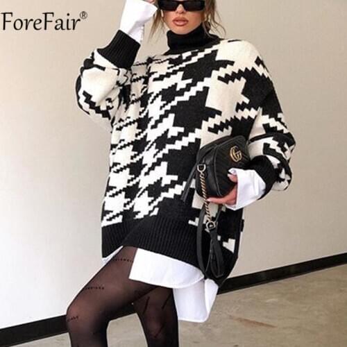 Forefair Turtleneck Long Sleeve Black Pullovers Houndstooth Women Sweater Dress Autumn Winter Loose Jumper Oversized Sweaters