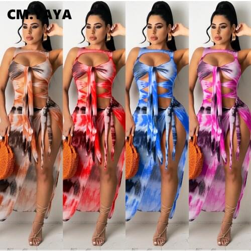 CM.YAYA Summer Women Dress Tie-dye Print Striped Mesh See Though Maxi Bandage Streetwear Sexy Long Bodycon Irregular Dresses