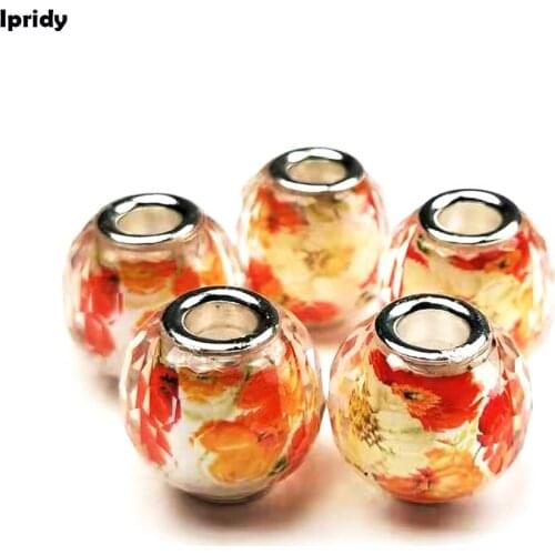 10Pcs/lot 16mm European Rondelle Large Hole Resin Beads inside flower with Plating Silver Brass Cores,fit Bracelet Spacer beaads