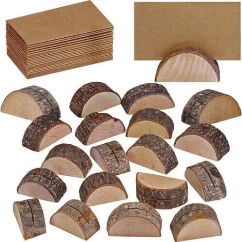 20 Pcs Rustic Wood Wedding Place Card Holders with 30 Pcs Kraft Tented Cards Half-Round Table Numbers Holder