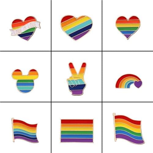 9 Style LGBT Design Rainbow Creative Heart Yeh Finger Pin Brooch Enamel Lapel Metal Pins Badge Denim Jewelry Gift Women