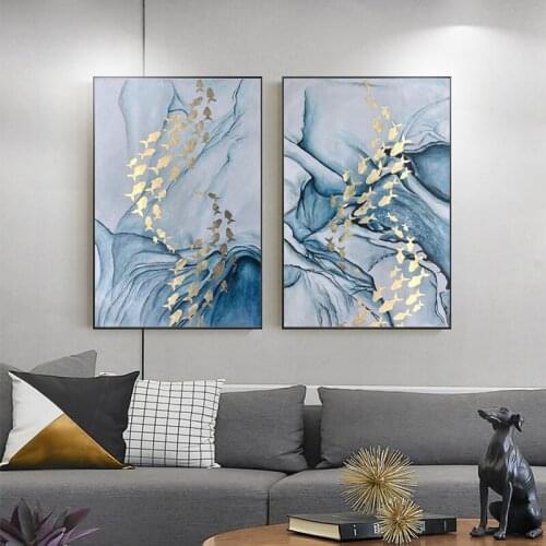2 Pieces Gold Fish Abstract Canvas Painting Blue Wall Art Pictures For Living Room Home Decor Original Texture Decoration