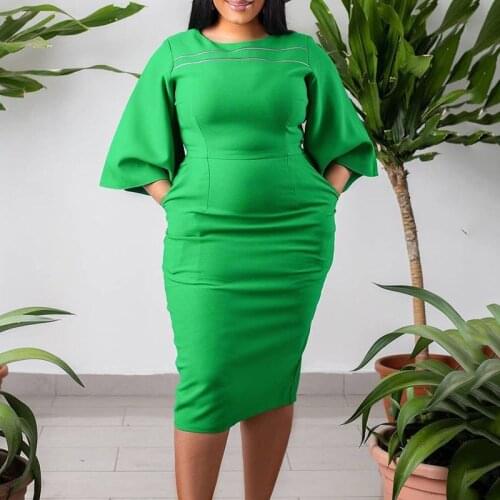 African Fashion Women Dresses Office Style Flare Sleeve Bodycon High Waist Mid Calf Business Work Vestidos Mujer Dress Midi New