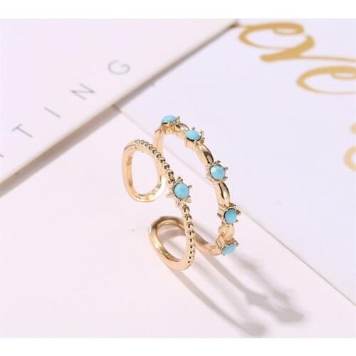 Double-Layer U-Shape Simple Adjustable Blue Rhinestone Metallic Golden Beads Copper Index Finger Open Rings for Women