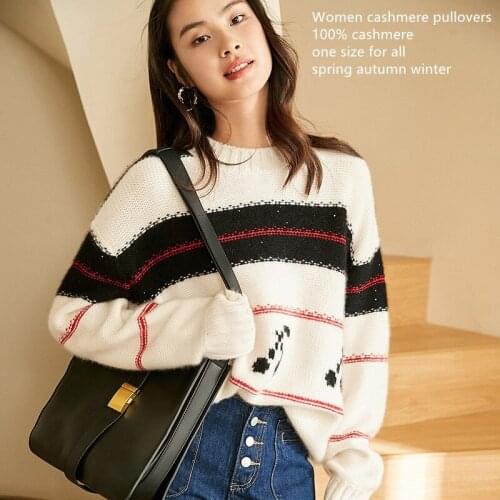 Naizaiga 100% cashmere striped white women loose-fitting O-neck thicken Women Pullovers winter warm Sweater ZRFS356