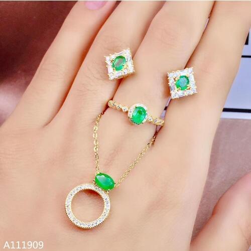 KJJEAXCMY boutique jewelry 925 sterling silver inlaid Natural Emerald Necklace Ring Earring Set Support Test
