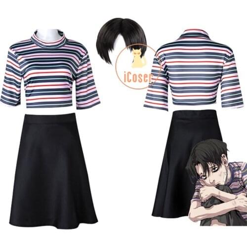 Manga Killing Stalking Yoon Bum Cosplay Costume Yoonbum Black Short Wig T-Shirt Black Skirt Set Halloween Carnival Suit Unisex