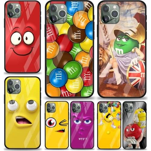 Cute M&M Chocolate for Apple iPhone 12 Pro Max Mini 11 Pro XS Max X XR 6S 6 7 8 Plus Luxury Tempered Glass Phone Case