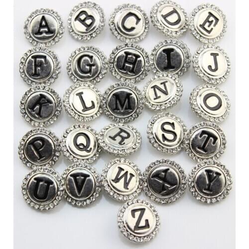 Fashion beauty Crystal A-Z alphabet 26pcs pattern round 18MM snap buttons fit snap bracelet snap jewelry wholesale KZ1153